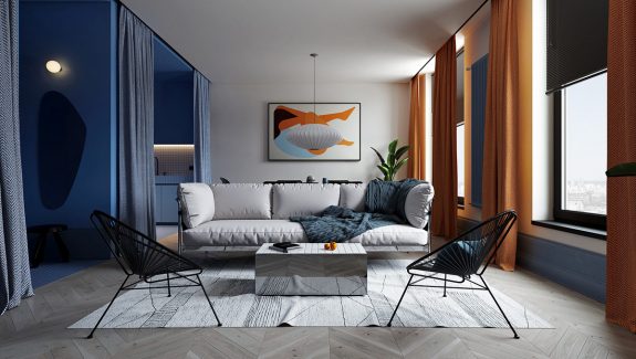 Interior Design Using Orange Blue, Grey Blue Orange Living Room