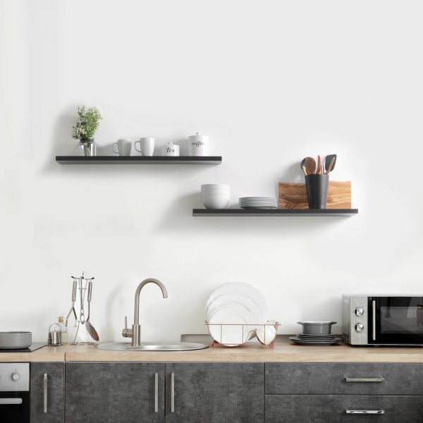 51 Floating Shelves To Reinvigorate, Dark Walnut Floating Shelves Kitchen Design