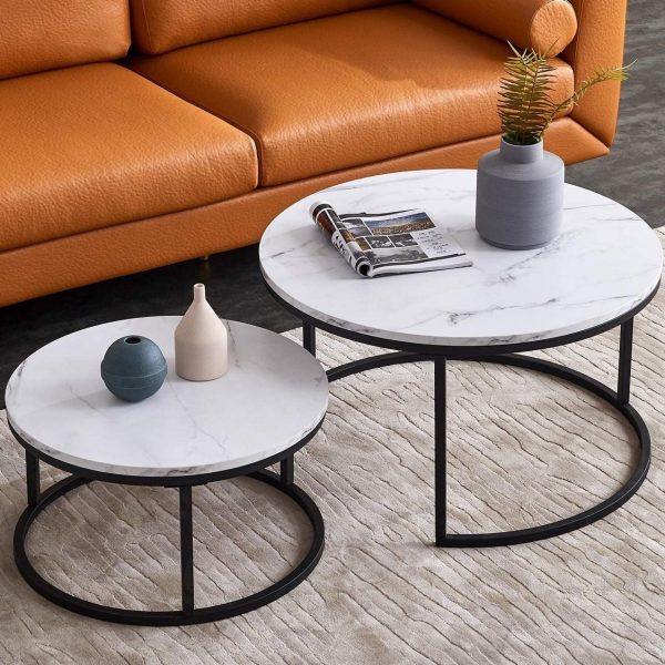 طاولات قهوة بيضاء لغرفة المعيشة Nesting-black-and-white-coffee-table-with-faux-marble-tabletops-matte-base-space-saving-living-room-furniture-ideas-600x600