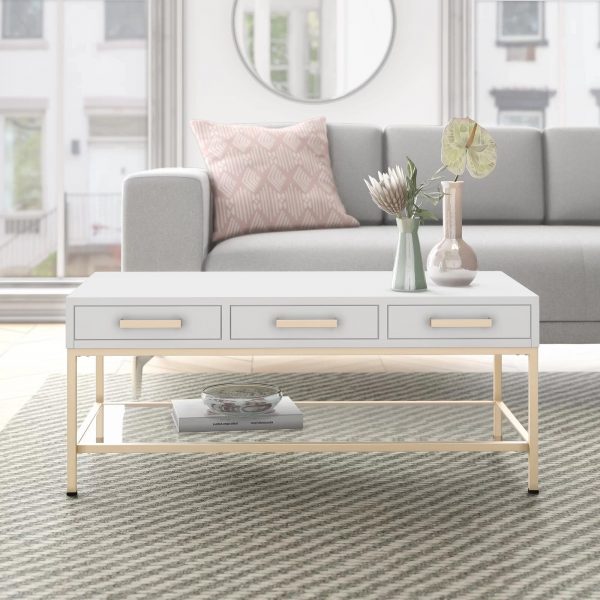 طاولات قهوة بيضاء لغرفة المعيشة Sophisticated-white-coffee-table-with-drawers-gold-base-glass-lower-shelf-gold-handles-cute-small-space-furniture-ideas-600x600