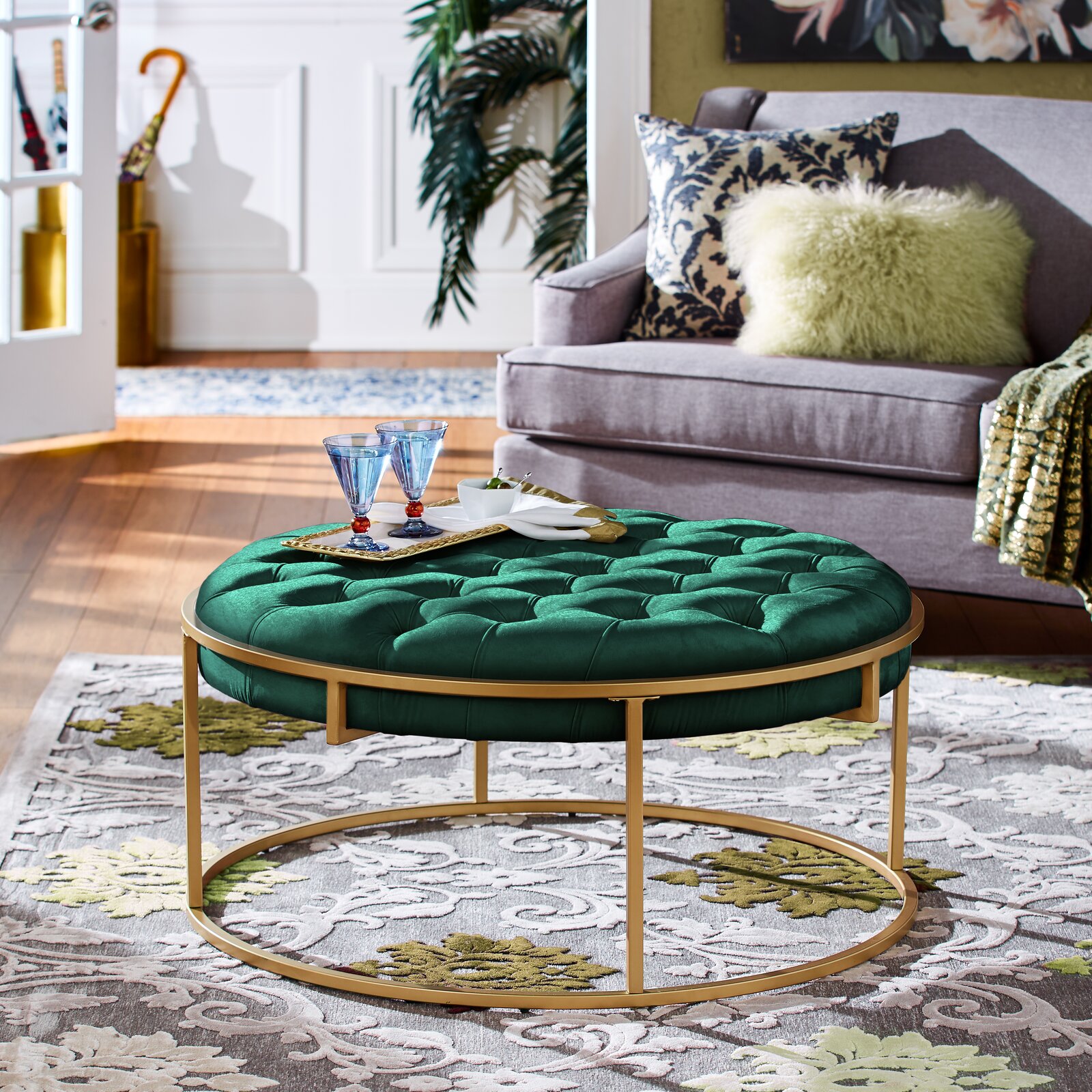 Emerald Green Tufted Ottoman With Gold, Large Round Green Ottoman Coffee Table
