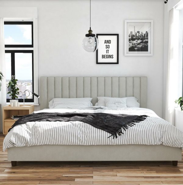 Bed Frame Upholstered in Grey Chennel Fabric Strong and Durable with Sprung Wooden Slats Home Treats Grey Double Bed Frame with Large Padded Headboard 4ft6 Double Size Bed 