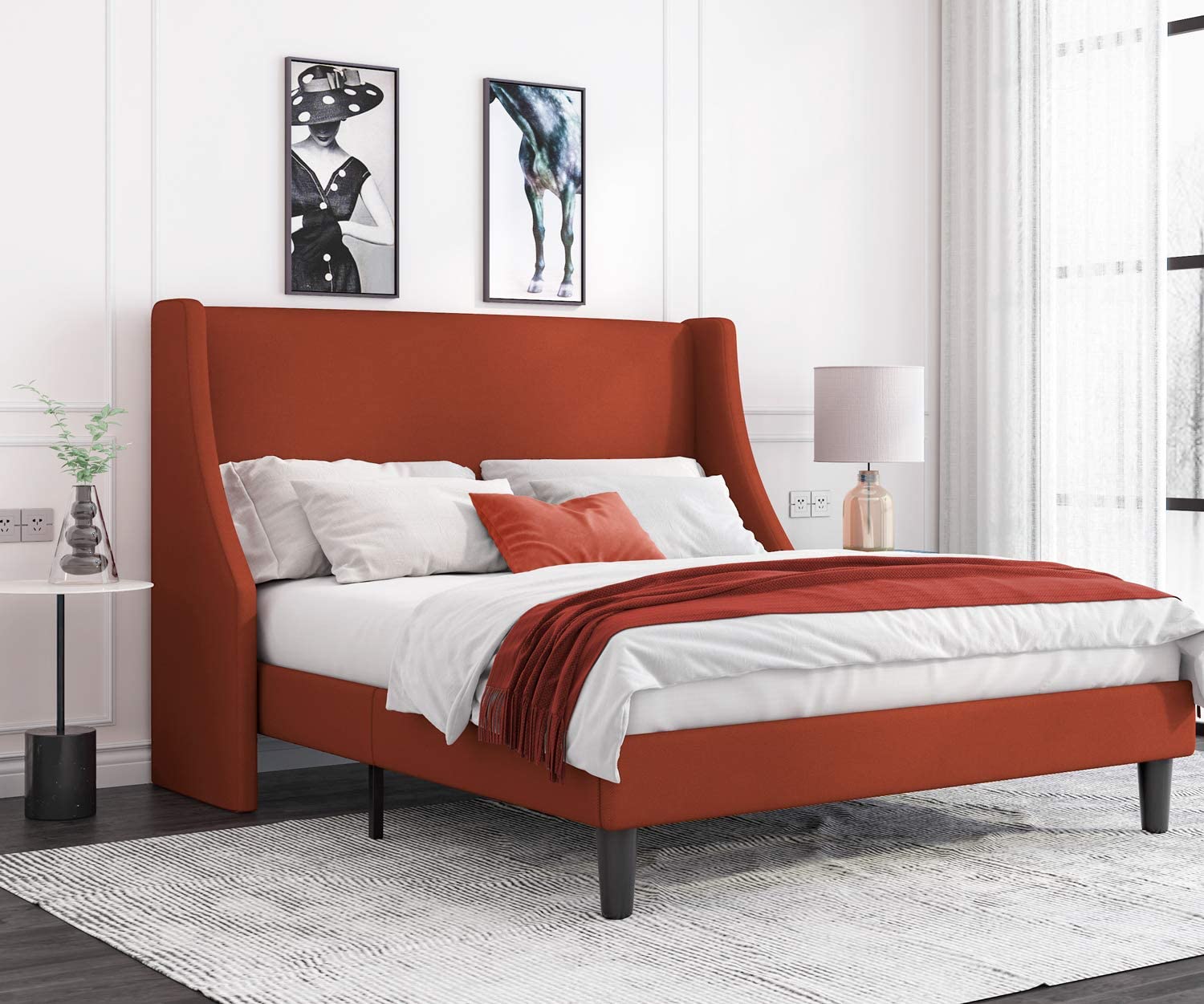 Orange Red Upholstered Bed Queen Size, Red Headboard Queen