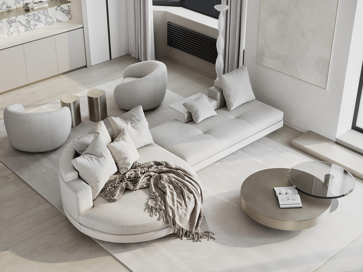 Diseño interior blanco inmaculado con lujosa decoración de mármol