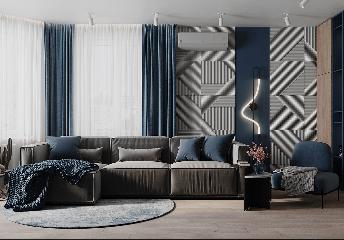 Grey And Dark Blue Interior, Dark Blue Living Room Grey Sofa