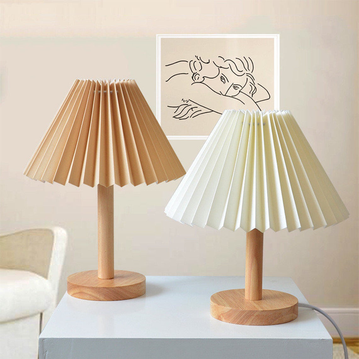 Wood Table Lamps Living Room Pleated, Handmade Wooden Table Lamps