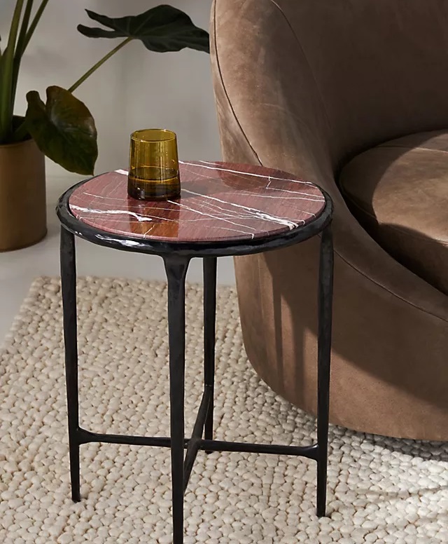Unique Brown Marble Side Table With, Stone And Metal Side Table