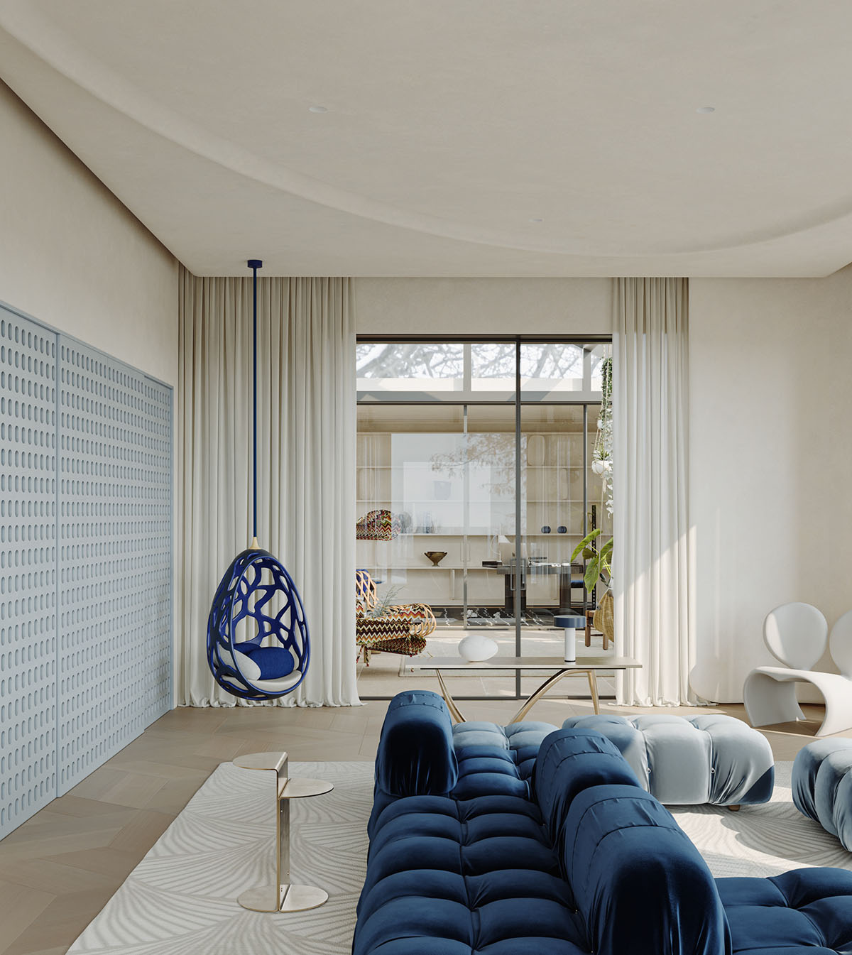 Interior de una casa con acento azul animado