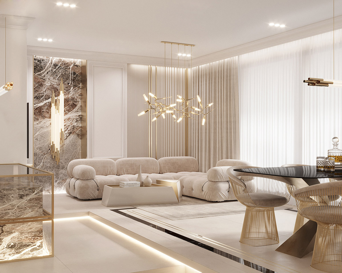 Diseño de interiores lujosos con detalles dorados