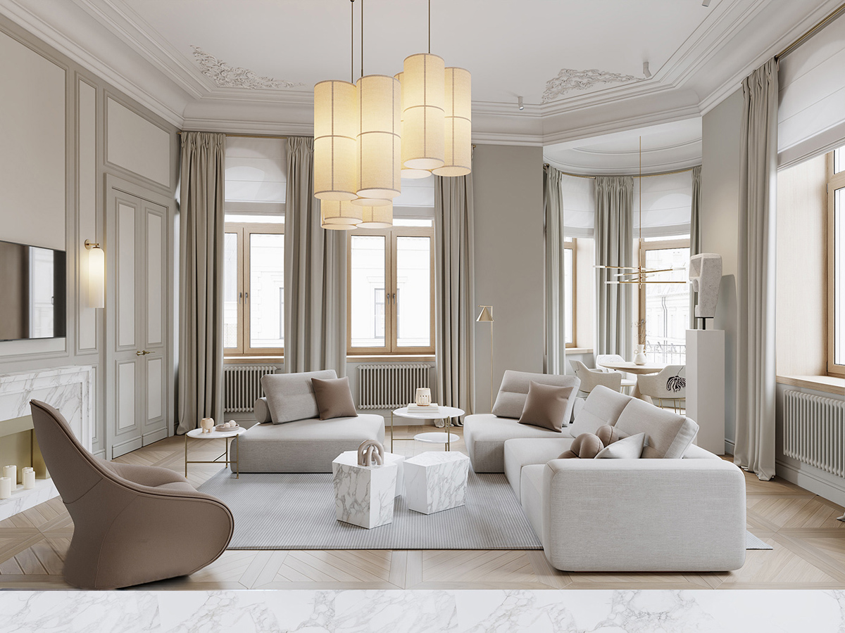 Diseño de interiores lujosos con detalles dorados