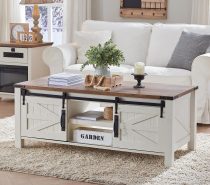 sliding barn door farmhouse coffee table with cabinets and open cubby storage furniture ideas for family living room country style tables with cabinet space