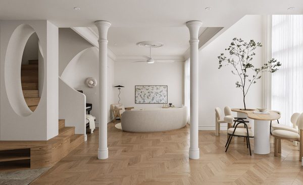 Graceful Curved Decor Meets Warm White Interiors